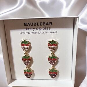 BaubleBar Berry Dip Bliss Earrings - Gold, Green strawberry top,cream sparkle